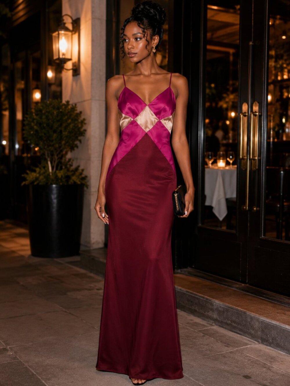 FORE Burgundy Pink Satin Colorblock Maxi Slip Dress Size S NWOT Sample
